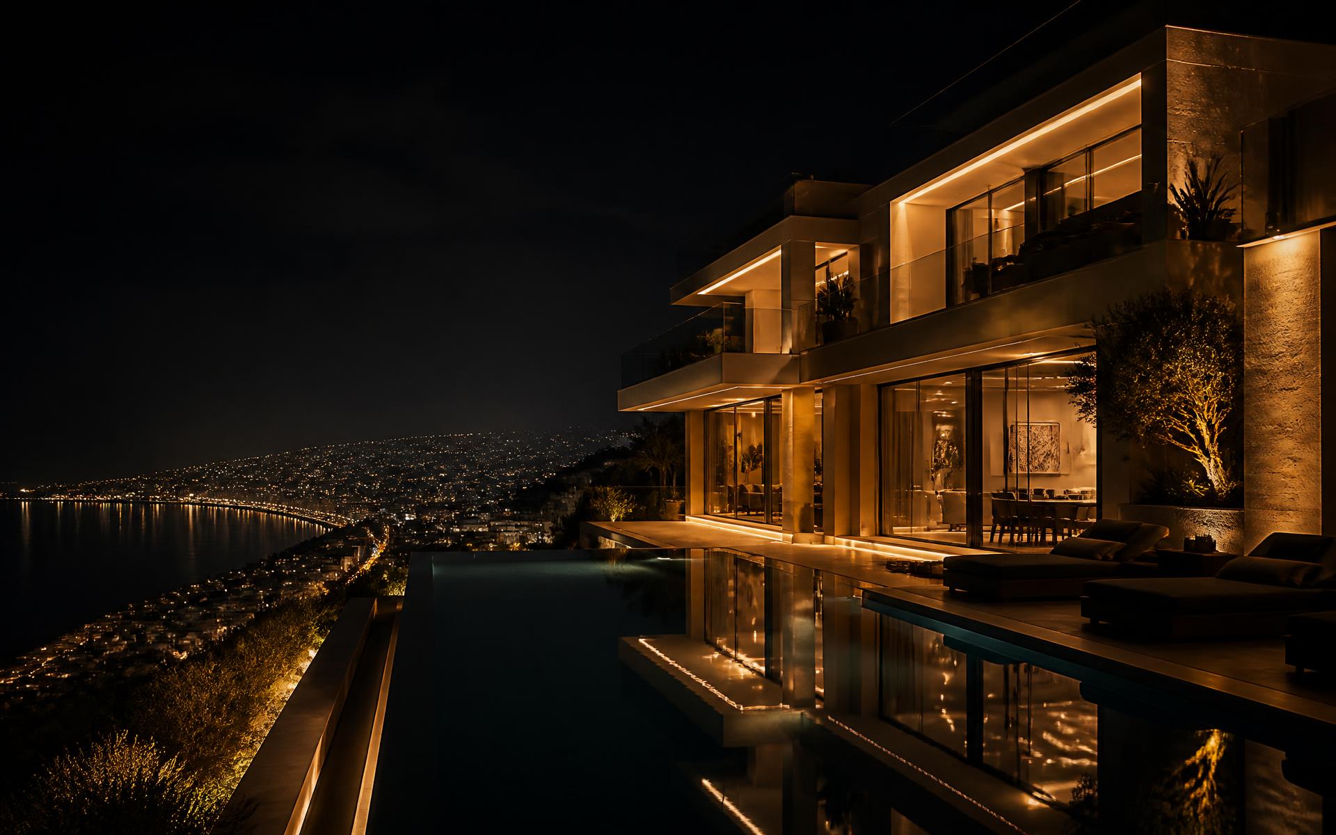 Luxury villa at night overlooking the Lebanese coast